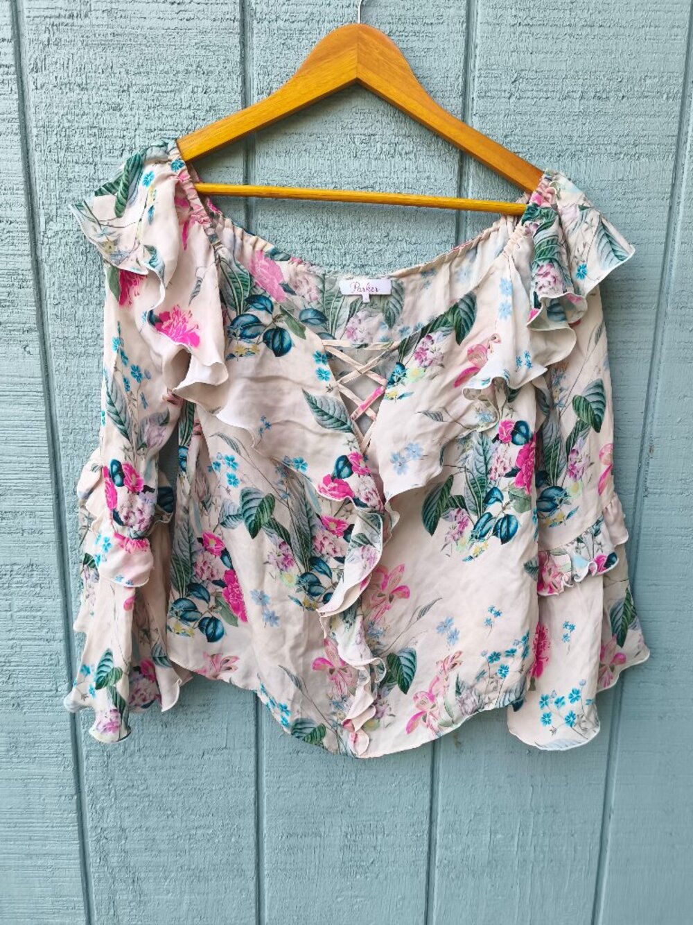 Parker 100% Silk Floral Ruffle Off Shoulder sz S Pink Romantic Whimsical Fairy